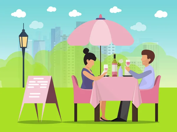 Fecha de pareja en la cafetería fuera de la ilustración vectorial. Hombre y mujer sentados a la mesa bebiendo vino y hablando — Archivo Imágenes Vectoriales