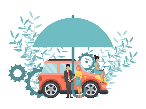 Paraply bil försäkring koncept vektor illustration. Stora paraplyer som skyddar bilen. Man och kvinna skakar hand står vid auto under parasoll — Stock vektor
