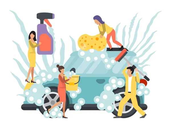 Car wash, self-service concept. People washing cars vector illustration. Cleaning automobiles business service — Stock Vector