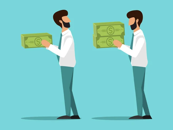 Concetto di business di stipendio diverso per i lavoratori illustrazione vettoriale. Due manager di cartoni animati con stipendi diversi . — Vettoriale Stock