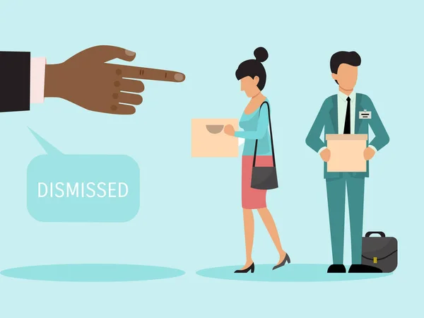 Dismissed employees with boxes vector illustration. Fired man and woman leave work. Dismiss frustrated business person holding a box with his things. Stock Illustration