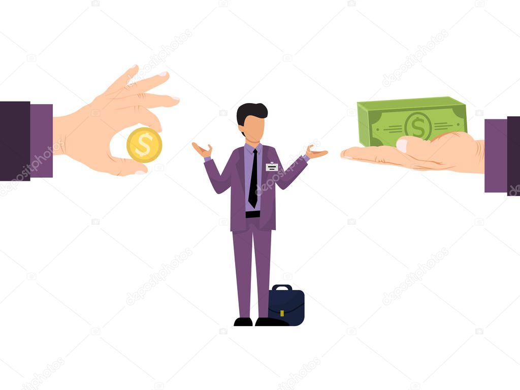 Business concept of different salary offer for employees vector illustration. Business manager with differing salaries offers.