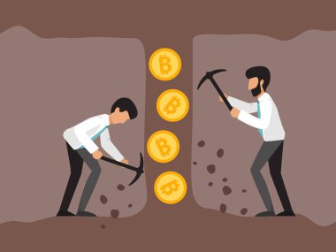 Benimkinde iş adamlarıyla kripto para konsepti. Bitcoin madenlerinde çalışan kaya matkabı ve kazmalı gençler..