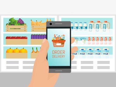 Ekran vektör illüstrasyonunda sepetli el ele tutuşan cep telefonu. Süpermarket market teslimat servisi başvurusu. İnternetten alışveriş..