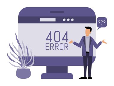 Hata 404 sayfalık site ve insan konsepti vektör illüstrasyonu. Adam internetteki hata 404 'ü aldı. Sayfa bulunamadı.