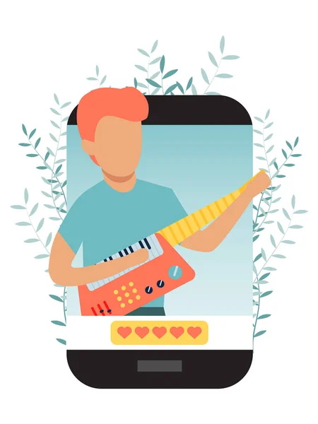Musicien blogueur personnage dans le gros téléphone jouer à la guitare en streaming musical, blogging application vectorielle . — Image vectorielle