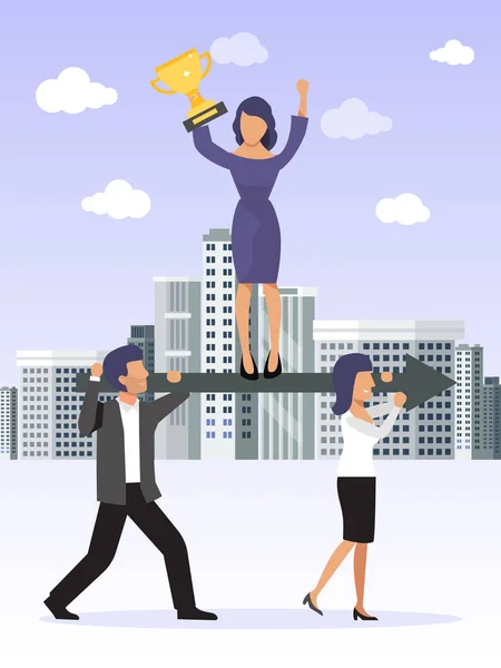 Working together, coordination and developing business concept. Business team leader holds an golden cup, stands on arrow which carried by his workers — 스톡 벡터