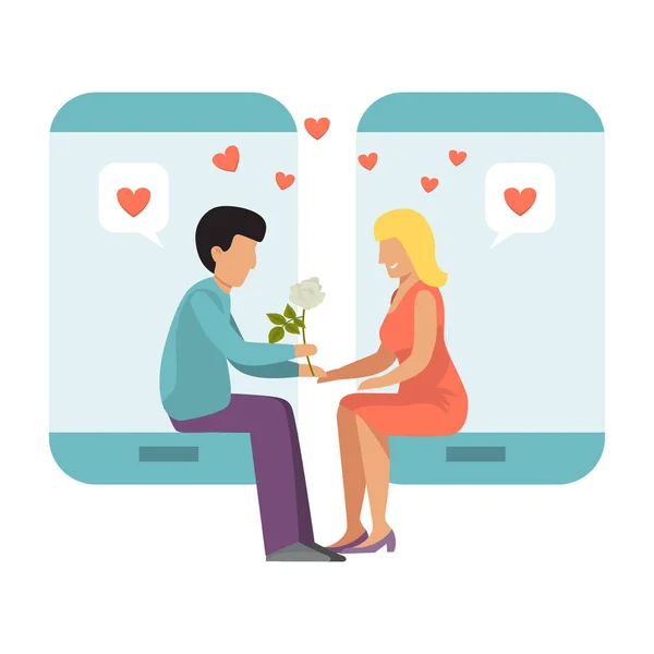 Koppel met smartphone concept van online datingvector illustratie. Jongen en meisje in telefoon date on line liefde. Internet ontmoeting van eenzame mensen. — Stockvector