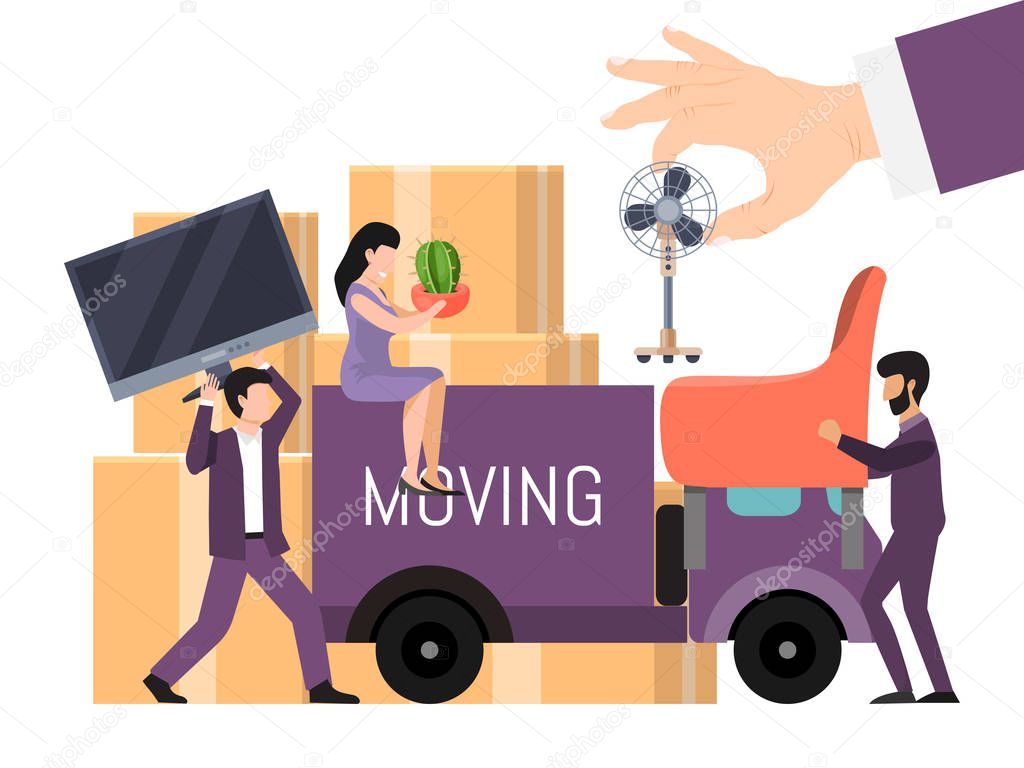 Moving with boxes to new home vector illustration. Paper cardboard box with various belongings. Things package for transportation. Company moves to new office.