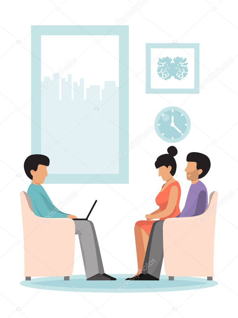 Psychologist psychotherapy session with family vector illustration. Professional psychotherapist having session. Family talking about marriage problems.
