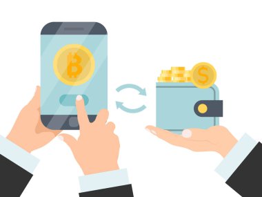 Elinde para ve bitcoin ile telefon ve cüzdan var. Kripto para birimi teknolojisi kavramı. Bitcoin karşılığı para.