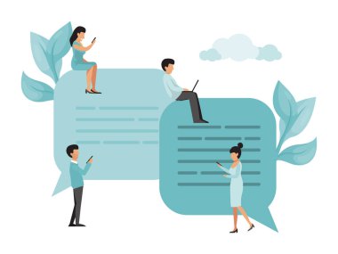 İnsanlar sosyal medyada sohbet etmek için akıllı telefon ve dizüstü bilgisayar kullanıyorlar. Erkekler ve kadınlar büyük konuşma baloncuklarının üzerinde oturup sohbet eden vektör çizimleri yapıyorlar..