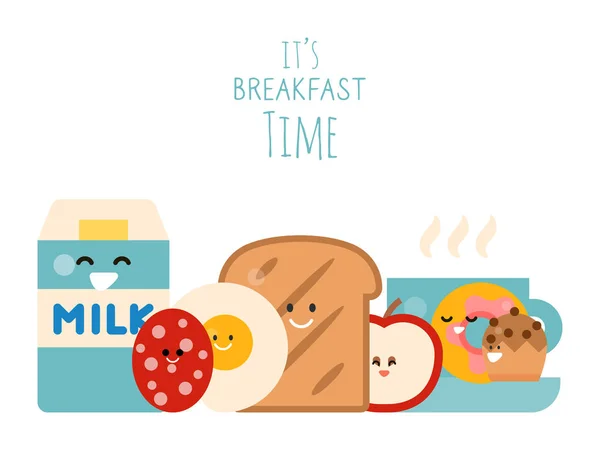 Petit déjeuner bannière concept. Nourriture du matin avec toasts, œufs, flocons de maïs et café. Repas pour les matins sont pain, croissant, fruits, lait et fromages — Image vectorielle