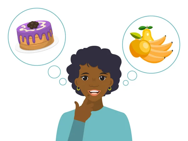 Donna scegliere tra malsana e sana illustrazione vettore di cibo. Alimentazione sana alimentare nel concetto di dieta femminile — Vettoriale Stock