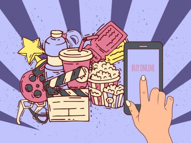 İnternetten görüntü ve sinema biletleri almak ve rezervasyon için telefon uygulaması. Patlamış mısırın, film makarasının, el bilgisayarı ve akıllı telefonun vektör çizimi