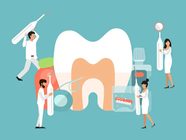 Tiny people dentists characters vector illustration. Dental care by tiny doctors banner concept. Dentist people with tools cares about big tooth — 스톡 벡터