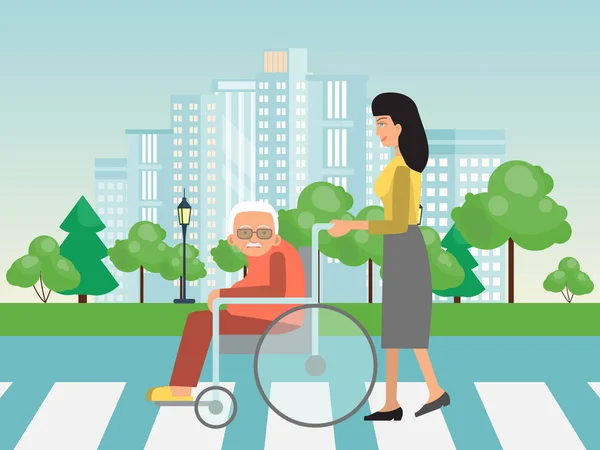 Pomoc osobom niepełnosprawnym na skrzyżowaniu dróg. Pomoc dla starych na ilustracji wektora wózka inwalidzkiego. Kobieta pomaga osobom starszym na wózkach inwalidzkich przejść przez ulicę. — Wektor stockowy