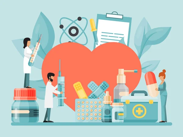 Kleine artsen en wetenschappers onderzoeken, bestuderen en behandelen groot hart met flessen en medicijnen pakketten vector illustratie — Stockvector