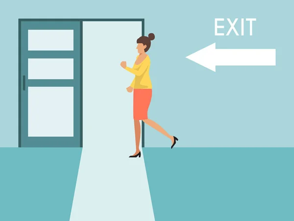 Woman running to exit vector illustration. Business woman runs exit door sign vector illustration. Girl escapes from the office — ストックベクタ
