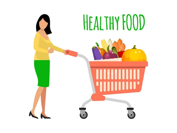 Vrouw die een winkelwagentje vol groenten en fruit duwt. Meisje met gezonde voeding winkelwagen vector illustratie. — Stockvector