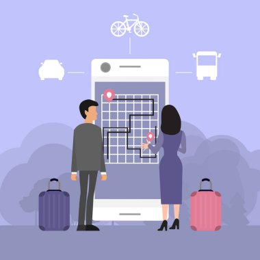 Telefon ekranında haritası olan seyrüsefer uygulaması ve insanlar. Bagajı ve akıllı telefonu olan turistler. İnsanlar büyük telefon uygulaması üzerinden güzergahı arıyorlar