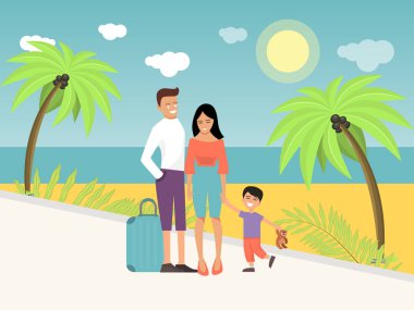 Ailesi plaj tatil vektör çizimi için gelmiş. Sahilde tatilde mutlu bir aile..