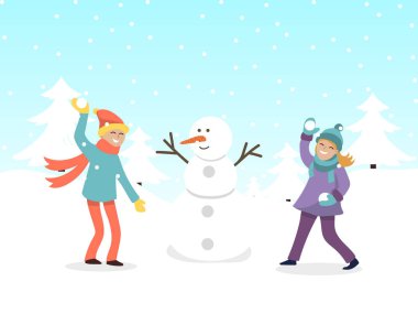 Erkek ve kız kardan adam vektör çizimi yapıyor. Noel Kardan Adam 'ı yapan çocuklar. Mutlu kızlar ve oğlanlar kış tatilinde kartopu yapar..