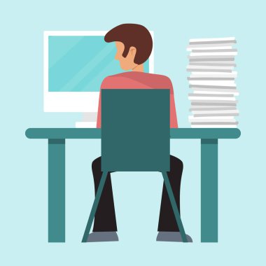 Arkadaki vektör illüstrasyonunda çalışan bir iş adamı. Ofis masasının arkasındaki adam..