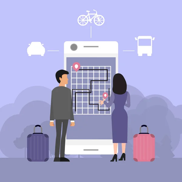 Travel navigation app with map on phone screen and people. Tourists with luggage and big smartphone. People searching route on big phone app — 스톡 벡터
