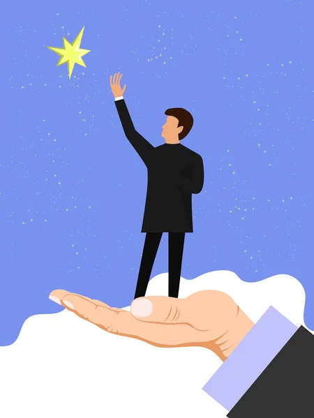 Hand aide un homme d'affaires à atteindre les étoiles. Aider les entreprises, concept partneship illustration vectorielle. Succès commercial aller de l'avant leadership — Image vectorielle