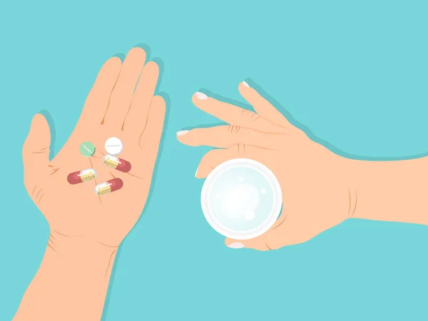 Hände halten Tabletten Vektor Illustration. Einnahme von Pille oder Medikament Konzept. Gesundheitsvorsorge mit Tabletten. — Stockvektor