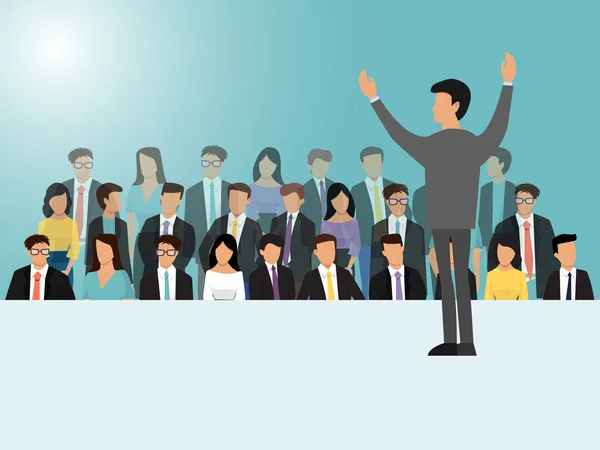 Businessmen speaking on seminar, meeting or conference vector illustration. Back view of business speaker. Man standing in front of the crowd. — 스톡 벡터