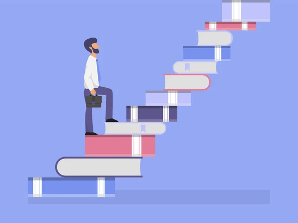 Businessman going up the stairs which made from books vector illustration. Business man walking on the staircase from book. — Stock Vector