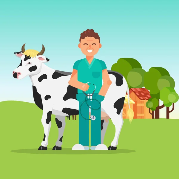 Ilustrasi dokter hewan dan vektor sapi. Kebun ternak sapi obat doktoral. Pertanian perawatan dokter hewan . - Stok Vektor