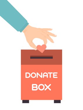 Hand put a heart in donation box. Donations boxes with hearten vector illustration. People throw hearts into a charity case clipart