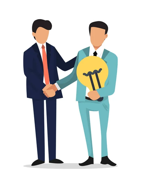 Businessman shake hands, hold idea bulb. Partnership, startup and search of investments concept. The men in suits holding light bulb and shaking hands — 图库矢量图片