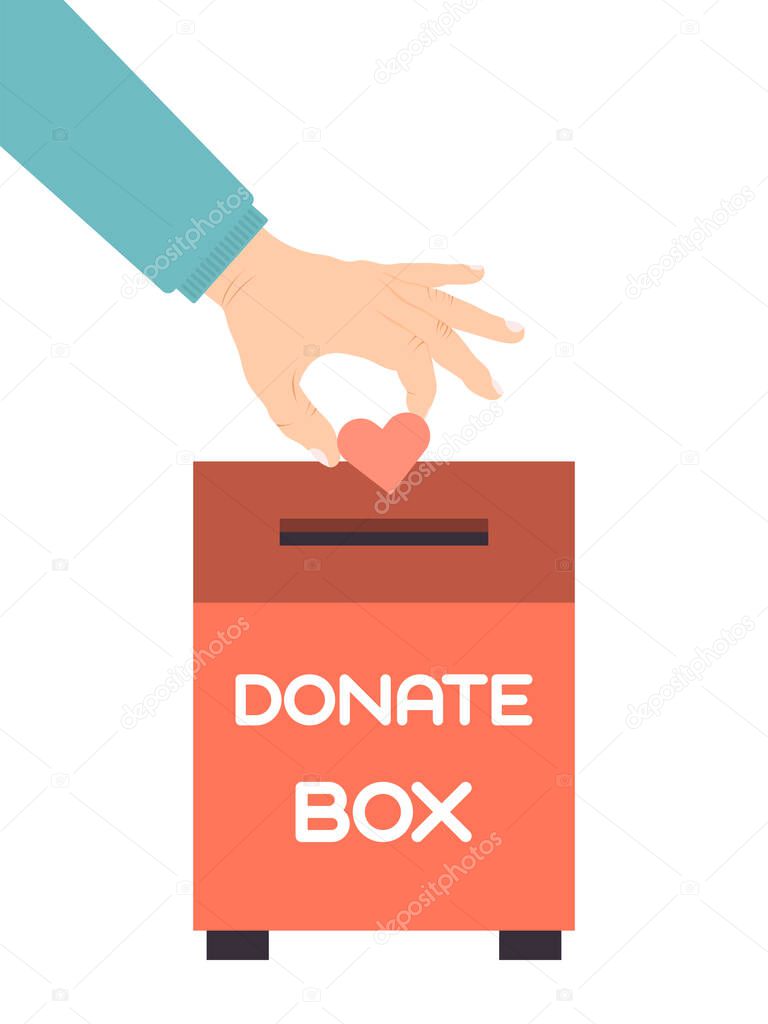 Hand put a heart in donation box. Donations boxes with hearten vector illustration. People throw hearts into a charity case