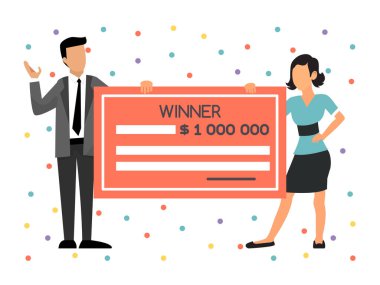 Winners hold big lottery check. Couple win in lottery money prize vector illustration. Happy man and woman holding huge lotteries ticket