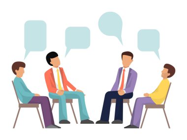 Group therapy concept. Psychotherapy in groups design vector illustration. Men characters are sitting in a circle and talking about problems with speech bubbles