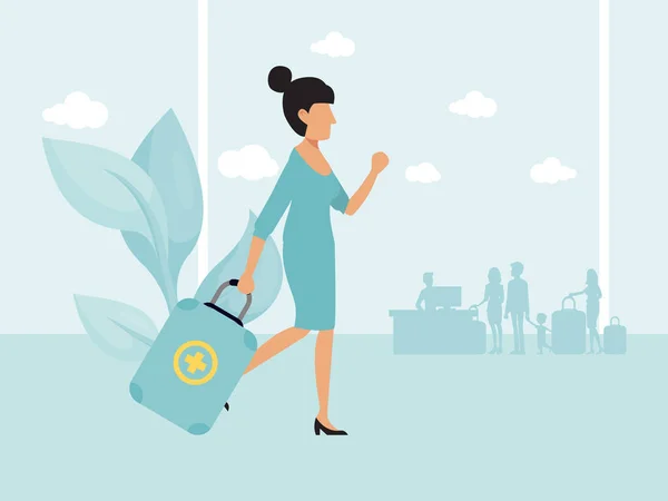 Medical tourism insurance. Abroad therapy for patients vector illustration. Woman in the airport going to flight departure for the treatment abroad — Stok Vektör