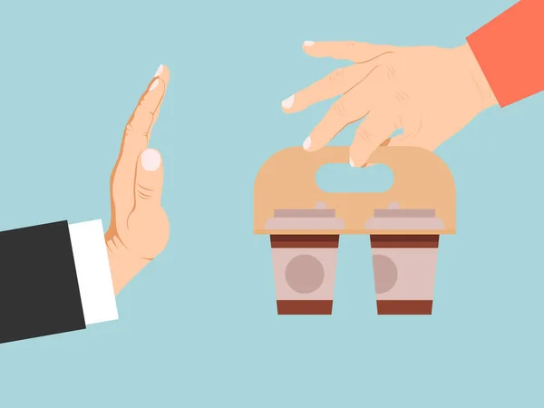 Businessman reject coffee vector illustration. Hand offers coffee to business man refuse. Stop caffeine addiction — 图库矢量图片