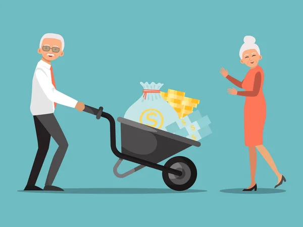 Pension fund investment. Old man pushing wheelbarrow with money in bank. Financial system for senior citizen, helping from government — 스톡 벡터