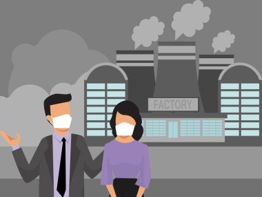 People in masks on background factory smog pollutions. Industrial air smoke pollution and urban people. City dwellers in medical protective masks
