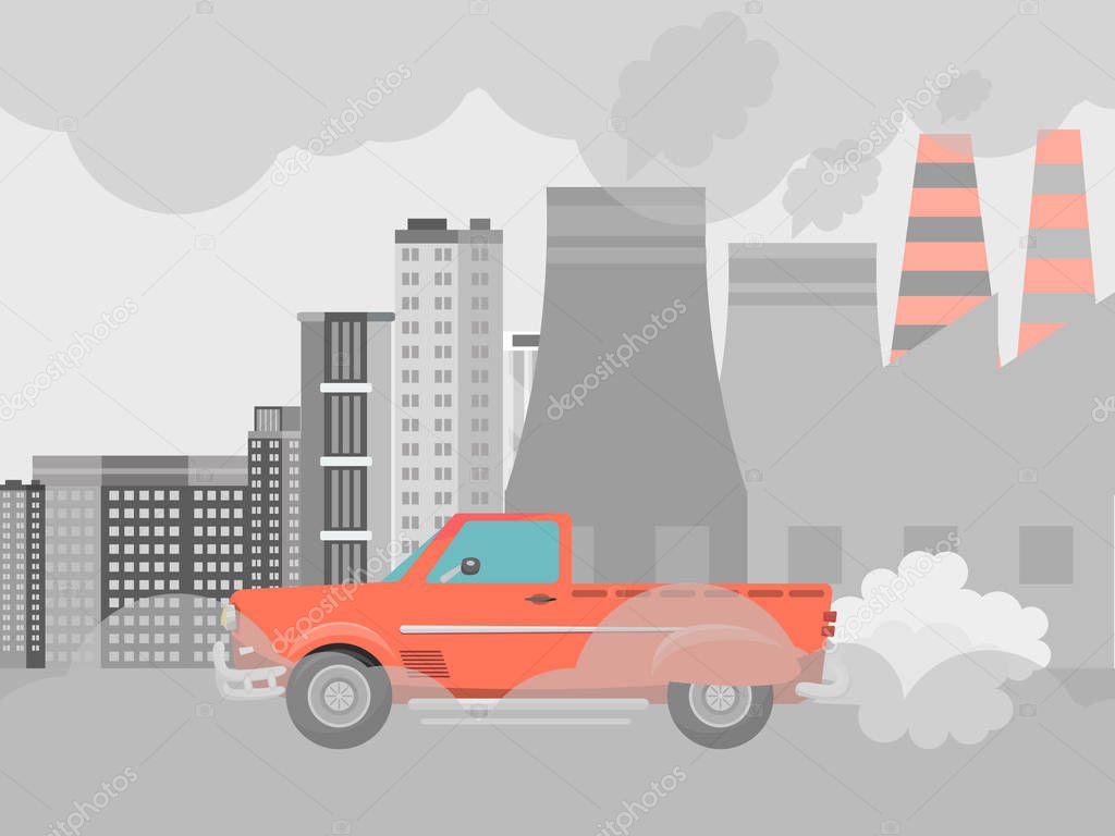 Pollution air by cars vector illustration. Cities road smog, factories and industrial smoke. Urban traffic jam with toxic gas environment pollution.