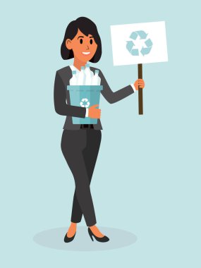 Girl plastic waste sorting standing with plastic bottles and holding a sign recycling mark, eco friendly behavior vector illustration