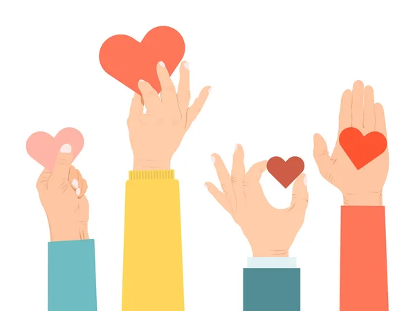 Hands holding a hearts vector illustration. Many hands hold hearts to give and share love to people concept. Charity, philanthropy, compassion and care symbol — 스톡 벡터