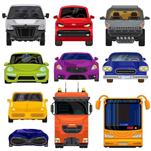 Car front type view vehicle cartoon transporting set vector illustration flat style isolated on white — 스톡 벡터