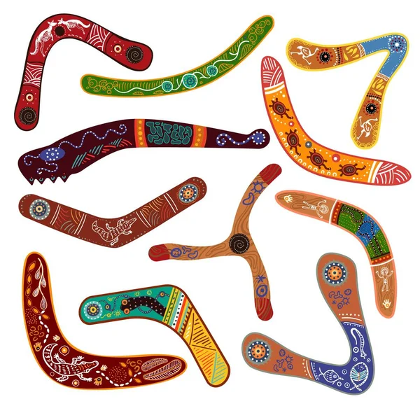 Australian bumerangue vetor ilustração tradicional símbolo de madeira na Austrália estilo plano conjunto isolado em branco —  Vetores de Stock