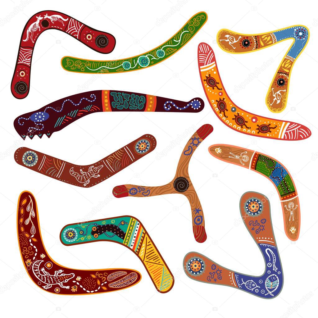 Australian boomerang vector illustration traditional wood symbol in Australia flat style set isolated on white