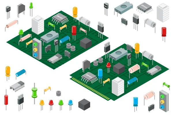 Elektronikus hardveralkatrészek és integrált áramköri kártya izometrikus vektor illusztráció fehér alapon elkülönítve — Stock Vector